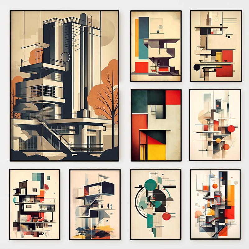 Photography Geometry - ภาพวาดบนผ้าใบสไตล์วินเทจ มินิมอล บาวเฮาส์ ลายเส้นสถาปัตยกรรม ภาพนามธรรมเรขาคณิต สำหรับตกแต่งผนังห้องนั่งเล่น